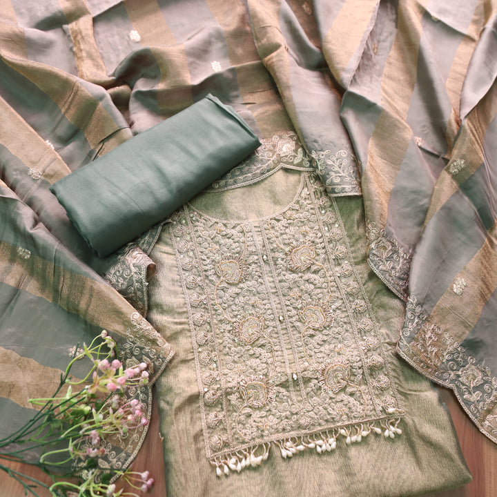 Khayal Rich Teal with Embellished Neckline Work Crushed Tissue Suit Set