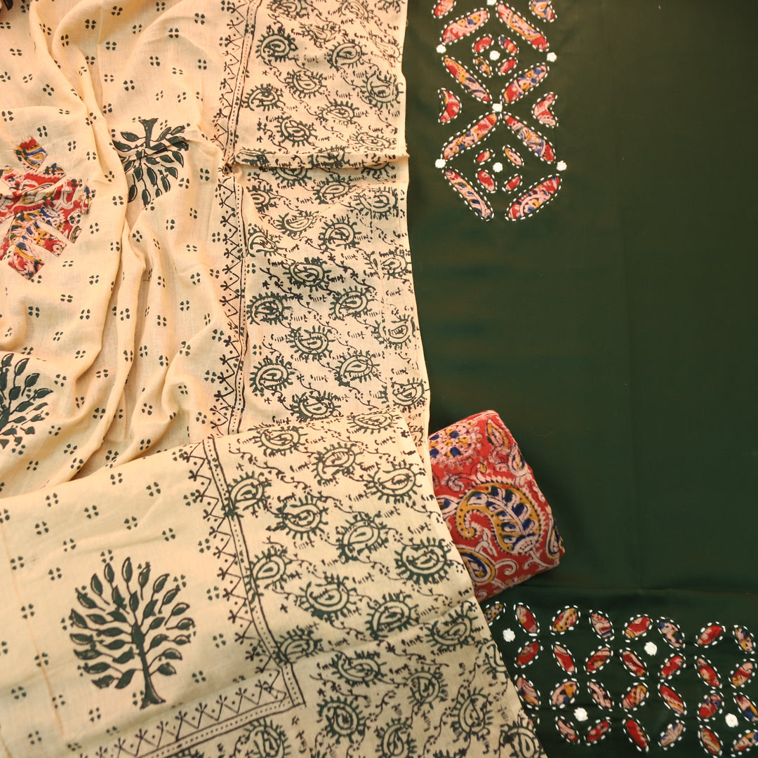 Ishara Sacramento Green Kalamakri Applique Panel with Thread Cotton Set