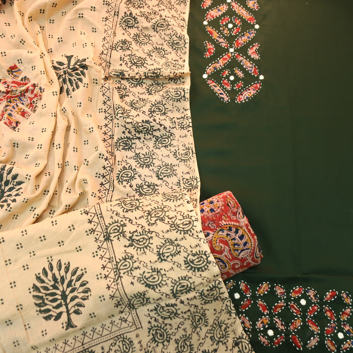 Ishara Sacramento Green Kalamakri Applique Panel with Thread Cotton Set
