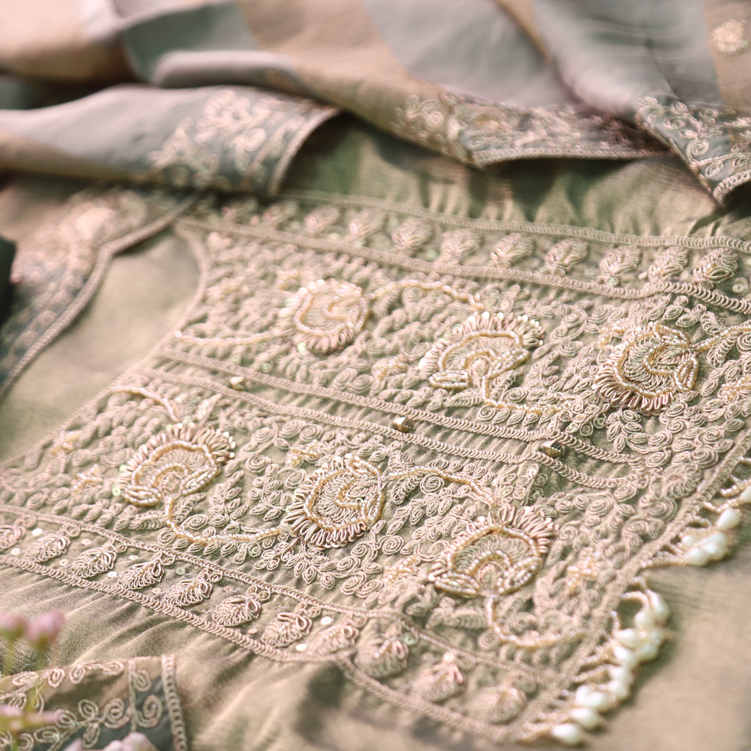 Khayal Rich Teal with Embellished Neckline Work Crushed Tissue Suit Set