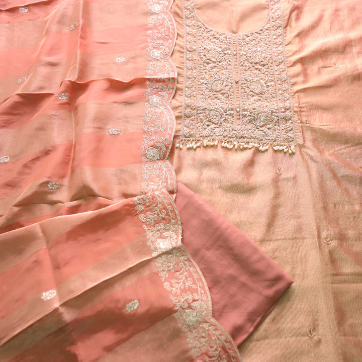 Khayal Pumpkin Peach with Embellished Neckline Work Crushed Tissue Suit Set