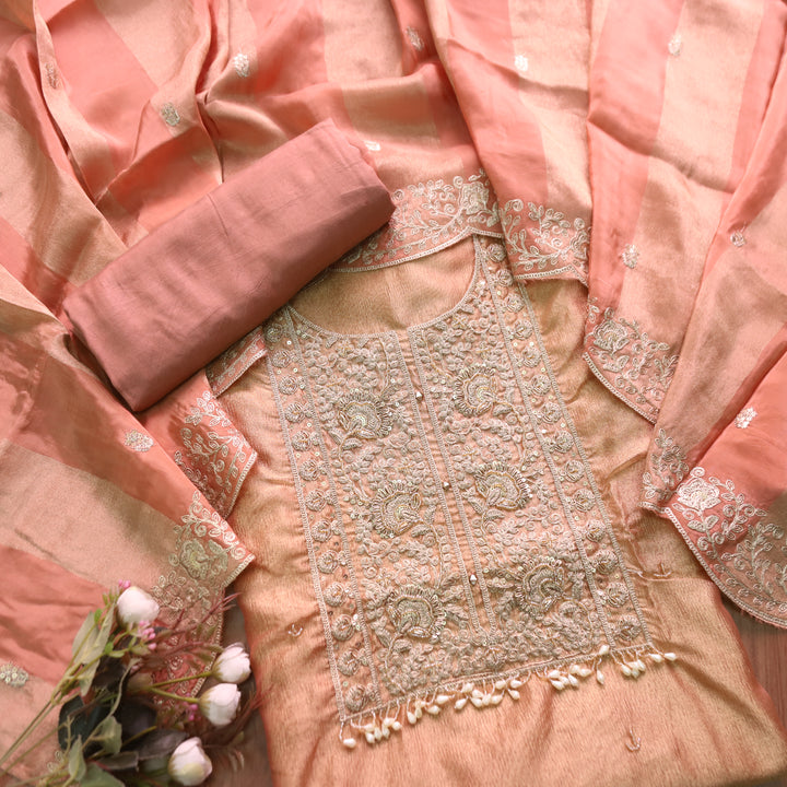 Khayal Pumpkin Peach with Embellished Neckline Work Crushed Tissue Suit Set