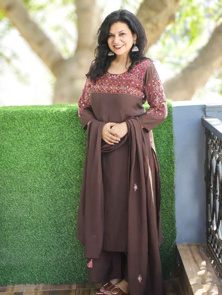 Bhanushi Brown Authentic Bengal Hand Embroidered Neck Mul Chanderi 3 Piece Set