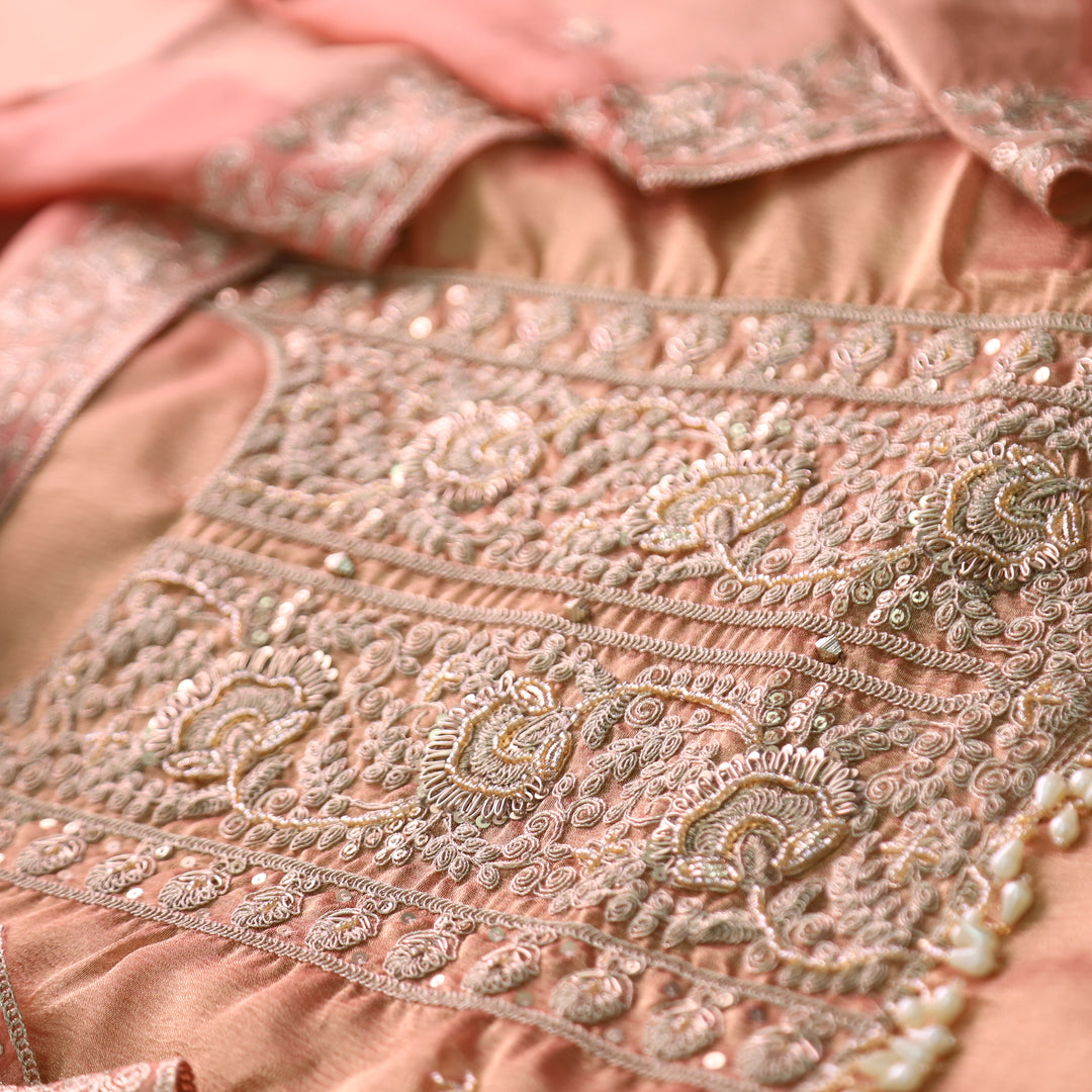 Khayal Pumpkin Peach with Embellished Neckline Work Crushed Tissue Suit Set