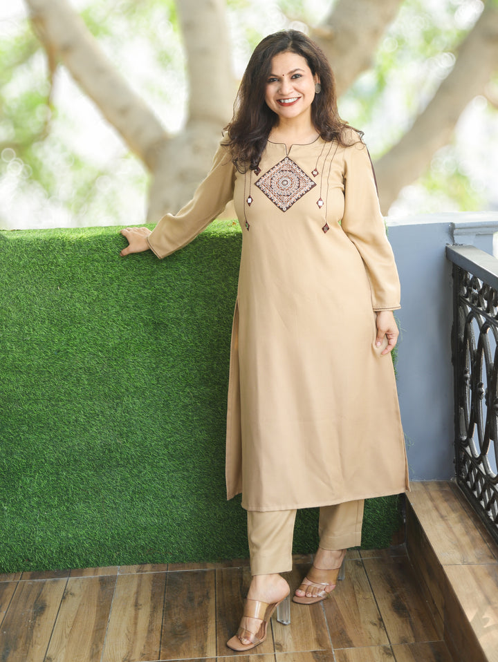 Ruchika Sand Beige Embroidered Patch Mirro Work Semi Pashmina Winter Kurti