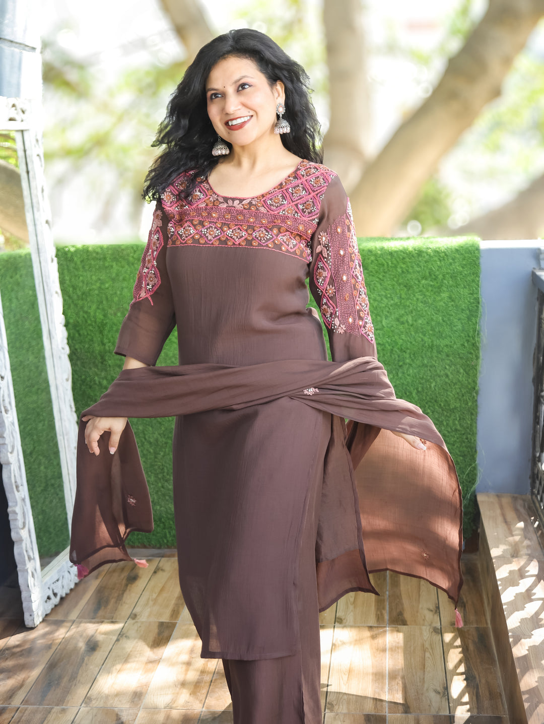 Bhanushi Brown Authentic Bengal Hand Embroidered Neck Mul Chanderi 3 Piece Set