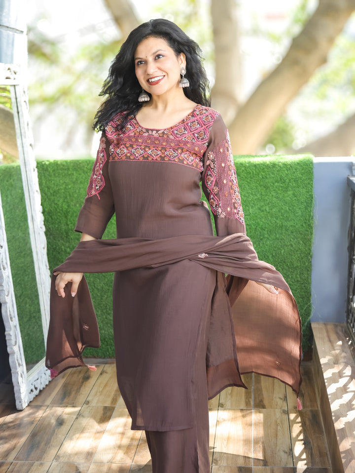 Bhanushi Brown Authentic Bengal Hand Embroidered Neck Mul Chanderi 3 Piece Set