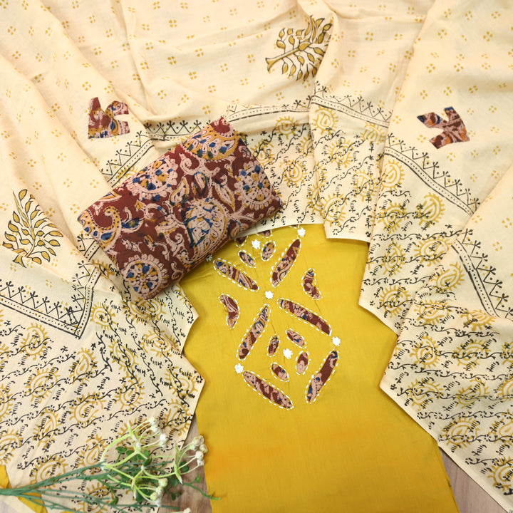 Ishara Dijon Yellow Kalamakri Applique Panel with Thread Cotton Set