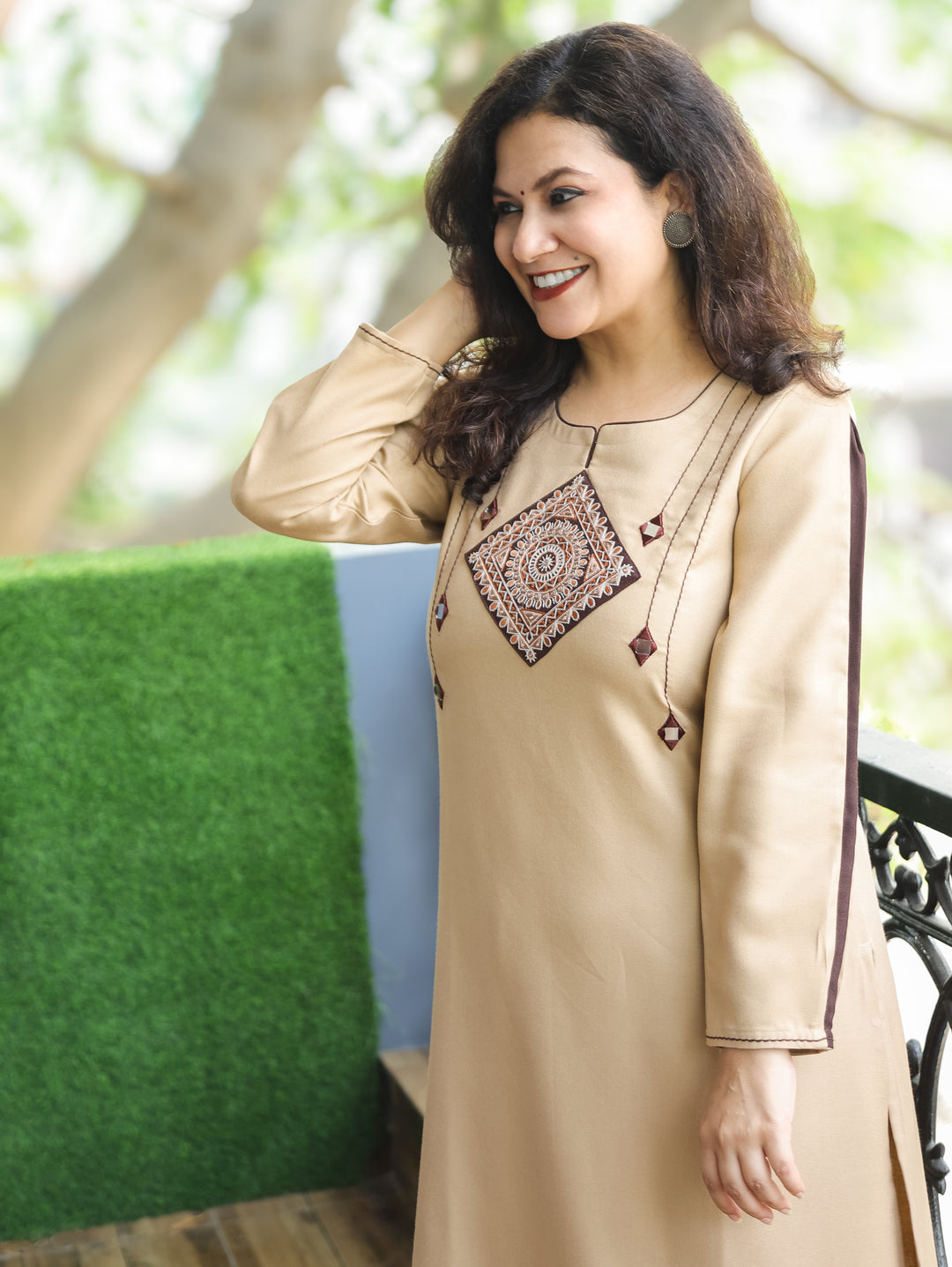 Ruchika Sand Beige Embroidered Patch Mirro Work Semi Pashmina Winter Kurti