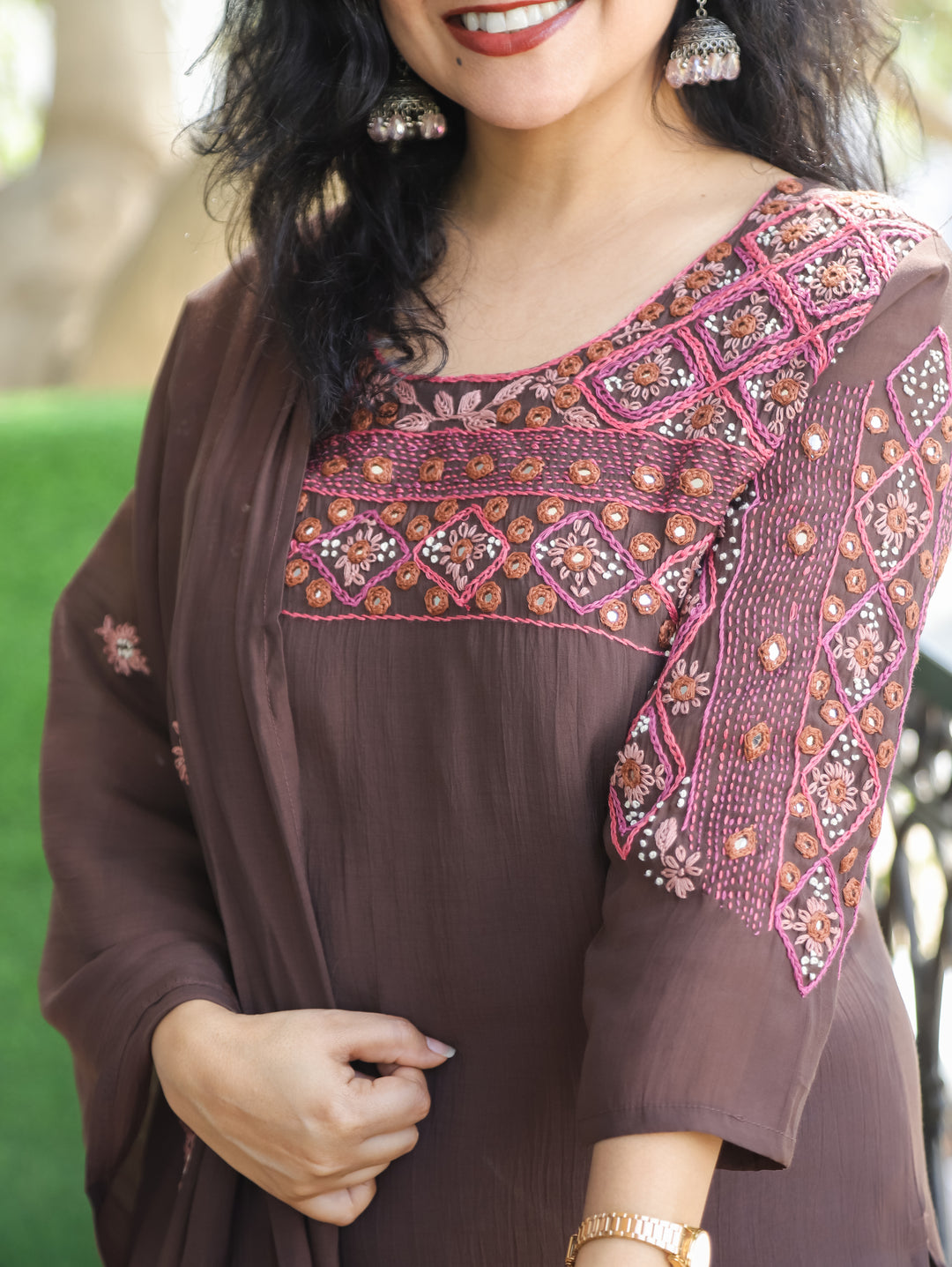 Bhanushi Brown Authentic Bengal Hand Embroidered Neck Mul Chanderi 3 Piece Set