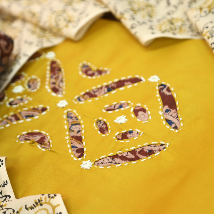Ishara Dijon Yellow Kalamakri Applique Panel with Thread Cotton Set