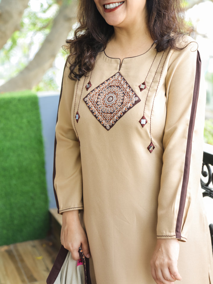 Ruchika Sand Beige Embroidered Patch Mirro Work Semi Pashmina Winter Kurti