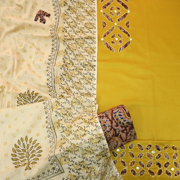 Ishara Dijon Yellow Kalamakri Applique Panel with Thread Cotton Set