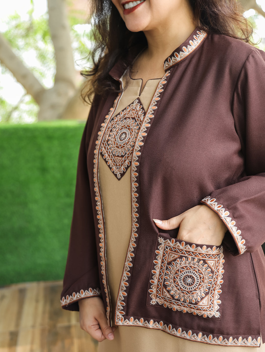 Sejal Chocolate Brown Ban Collar Embroidered Semi Pashmina Jacket with Pocket