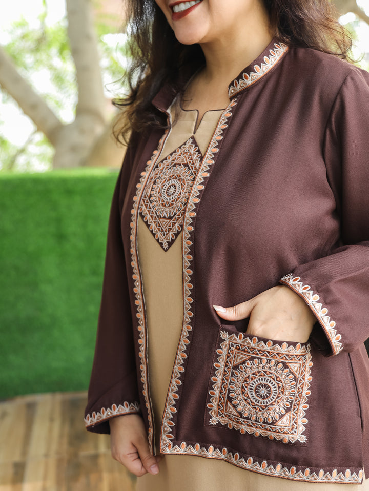 Sejal Chocolate Brown Ban Collar Embroidered Semi Pashmina Jacket with Pocket