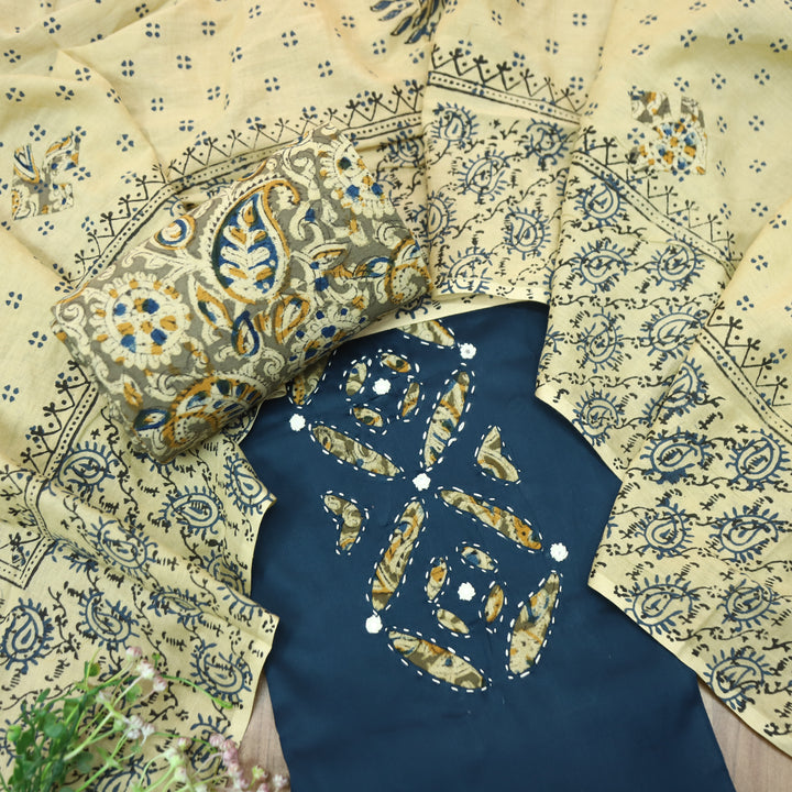 Ishara Navy Blue Kalamakri Applique Panel with Thread Cotton Set