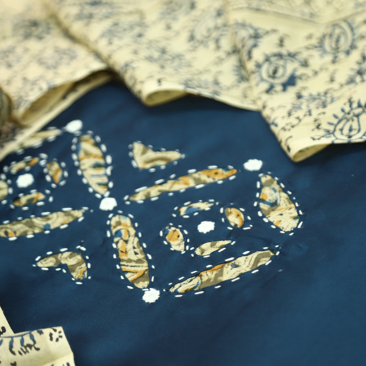 Ishara Navy Blue Kalamakri Applique Panel with Thread Cotton Set