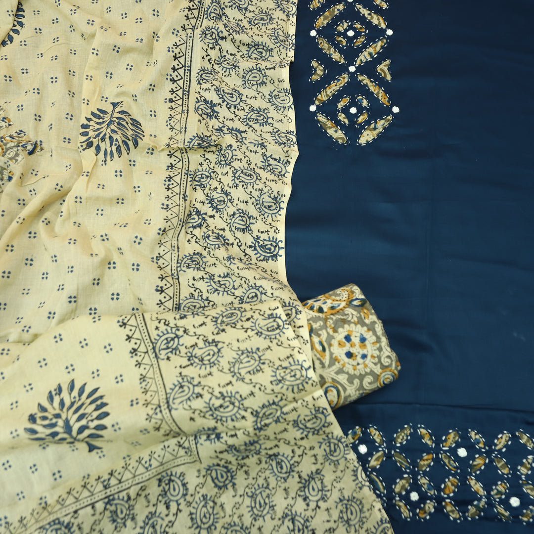 Ishara Navy Blue Kalamakri Applique Panel with Thread Cotton Set