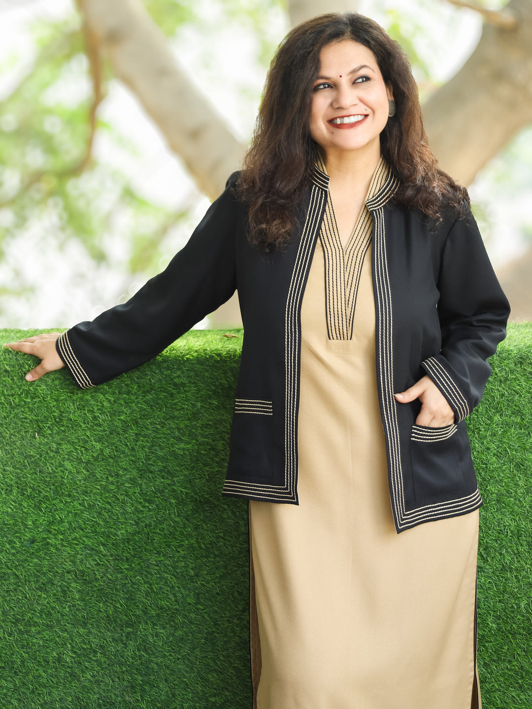 Sejal Night Black Ban Collar Running Stitch Semi Pashmina Jacket with Pocket