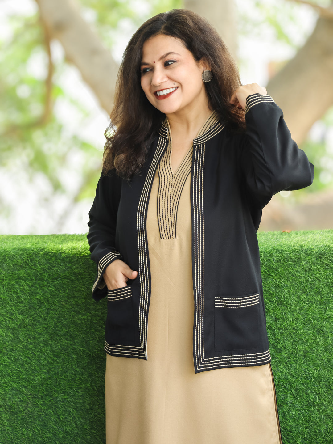 Sejal Night Black Ban Collar Running Stitch Semi Pashmina Jacket with Pocket