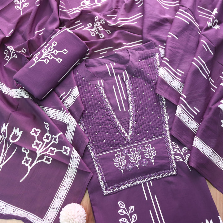 Yashvi Blueberry Purple Embroidered Yoke Printed Cotton Set