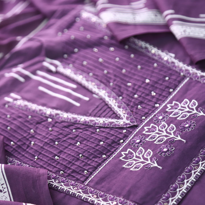 Yashvi Blueberry Purple Embroidered Yoke Printed Cotton Set