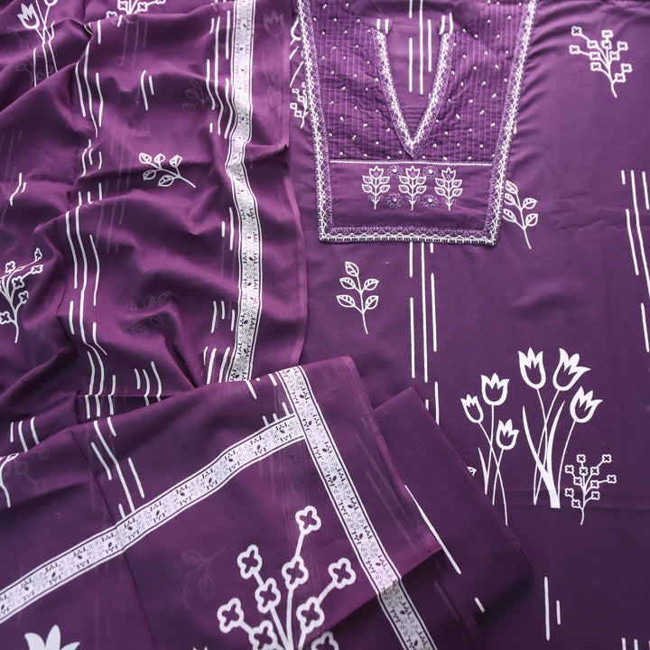 Yashvi Blueberry Purple Embroidered Yoke Printed Cotton Set