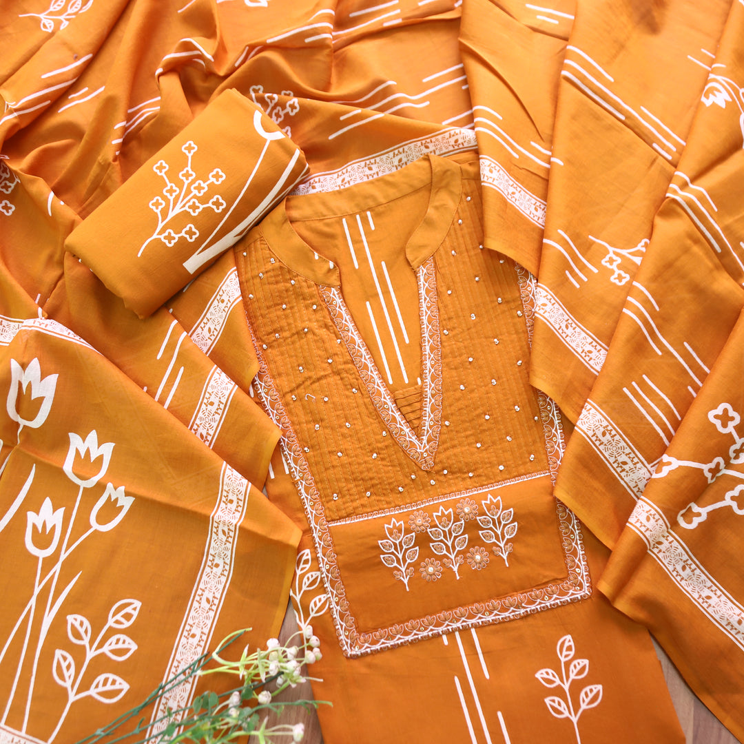 Yashvi Rust Orange Embroidered Yoke Printed Cotton Set