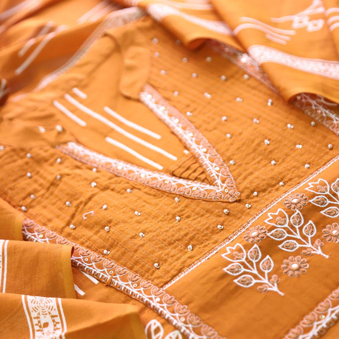 Yashvi Rust Orange Embroidered Yoke Printed Cotton Set