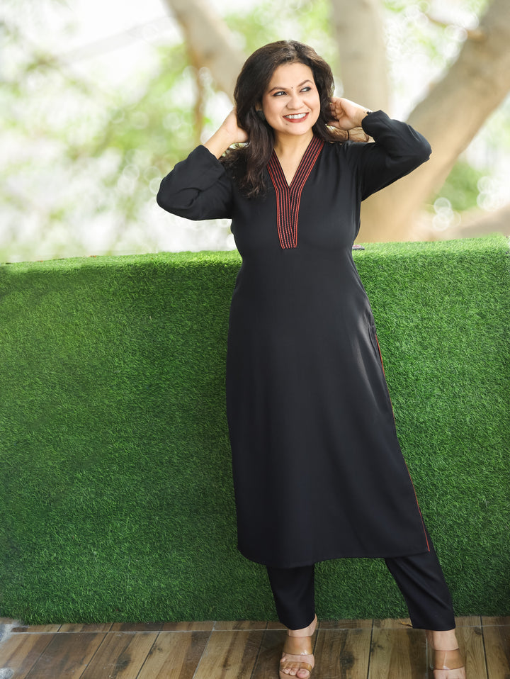 रश्मि Ebony Black V Neck with Anchor Thread Work Semi Pashmina Winter Kurti