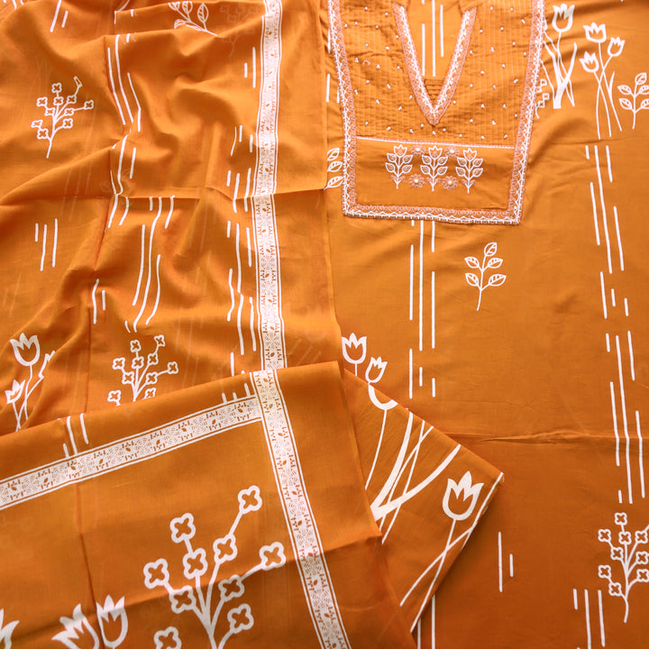Yashvi Rust Orange Embroidered Yoke Printed Cotton Set