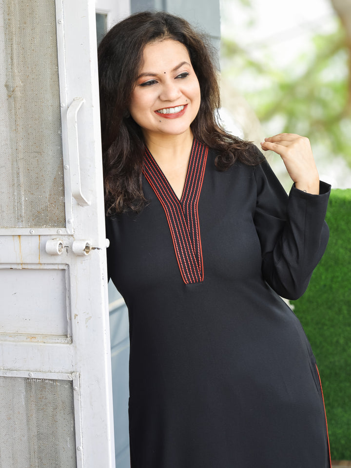 रश्मि Ebony Black V Neck with Anchor Thread Work Semi Pashmina Winter Kurti