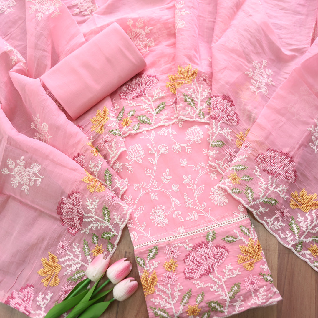 Jiya Petal Pink All Over Embroidered Work Cotton Set