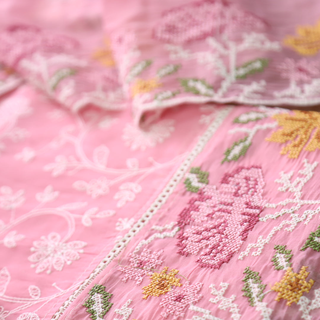 Jiya Petal Pink All Over Embroidered Work Cotton Set