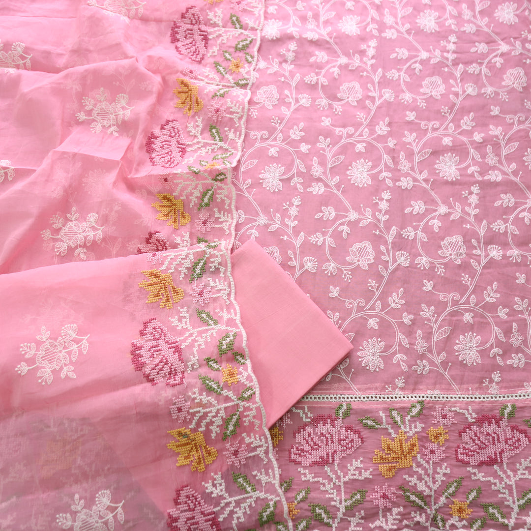 Jiya Petal Pink All Over Embroidered Work Cotton Set