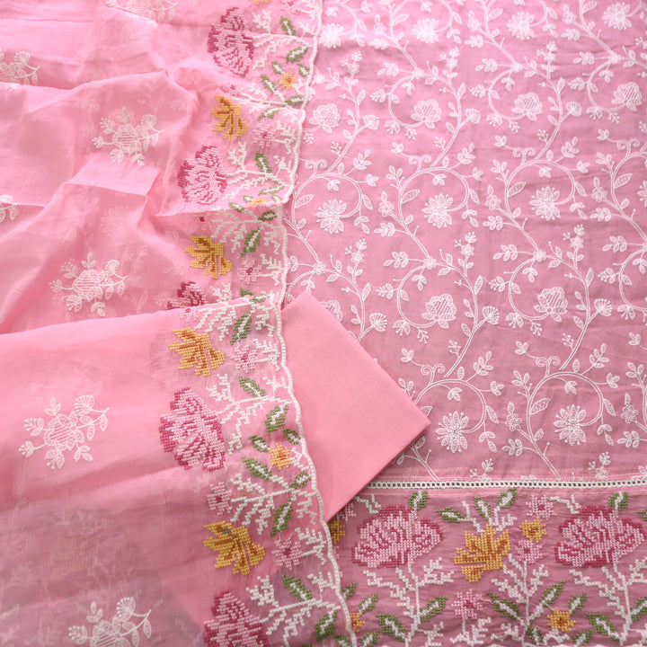 Jiya Petal Pink All Over Embroidered Work Cotton Set