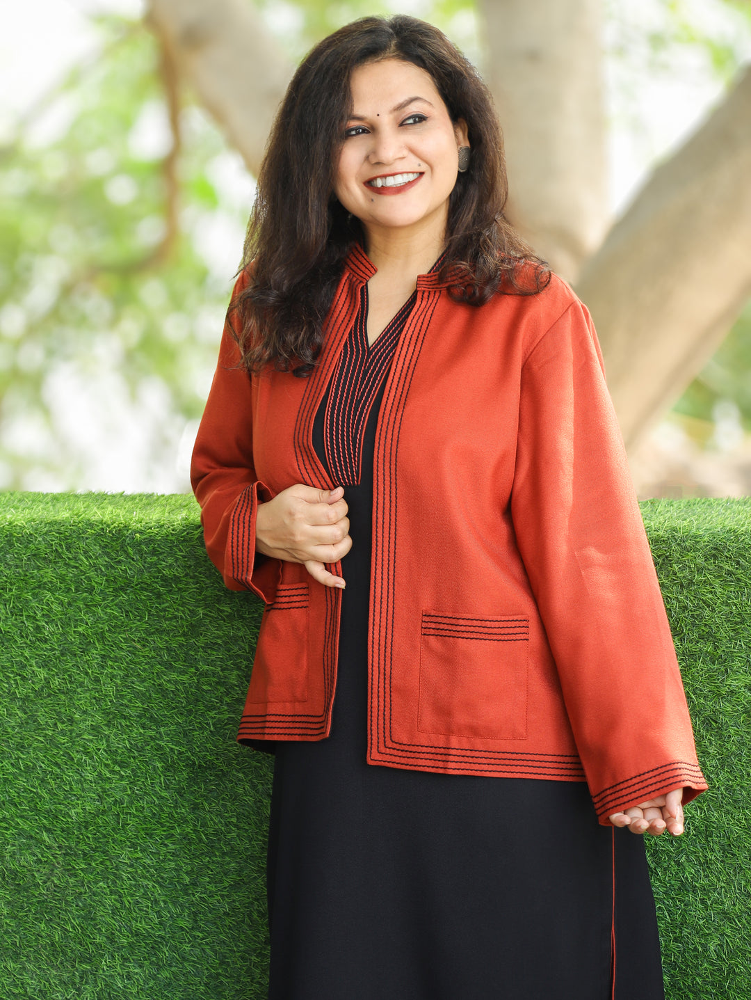 Sejal Rust Orange Ban Collar Running Stitch Semi Pashmina Jacket with Pocket