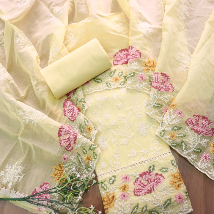 Jiya Butter Yellow All Over Embroidered Work Cotton Set