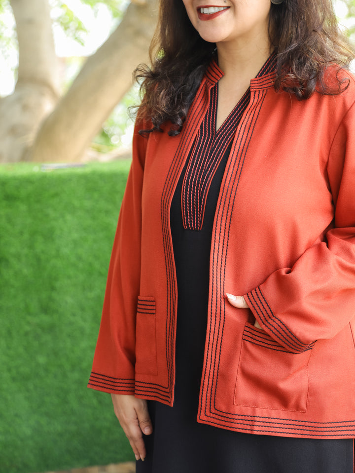 Sejal Rust Orange Ban Collar Running Stitch Semi Pashmina Jacket with Pocket