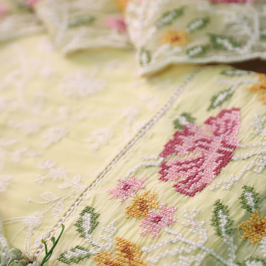 Jiya Butter Yellow All Over Embroidered Work Cotton Set