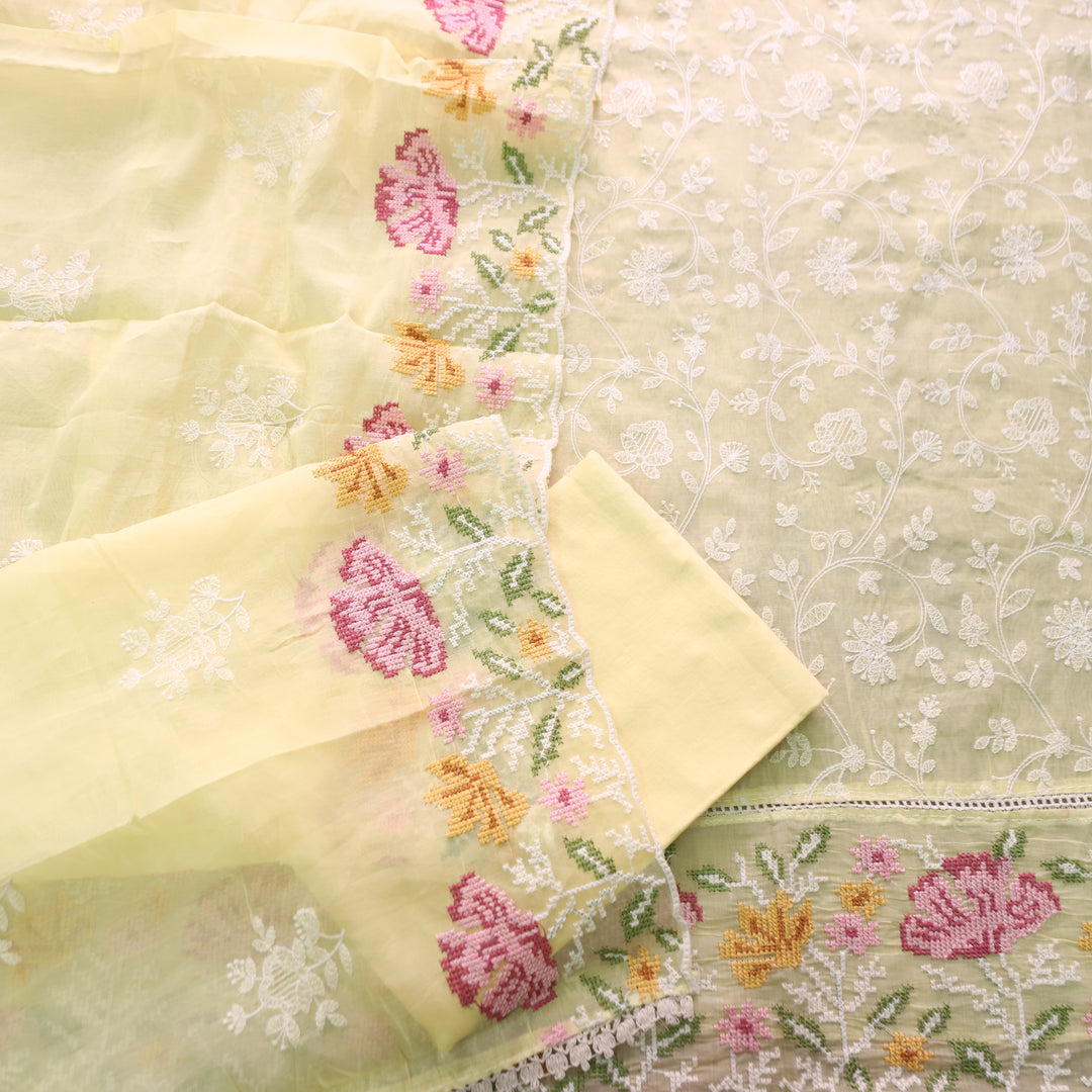 Jiya Butter Yellow All Over Embroidered Work Cotton Set