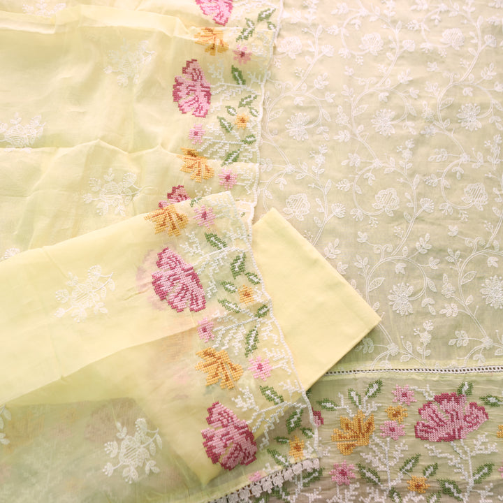 Jiya Butter Yellow All Over Embroidered Work Cotton Set