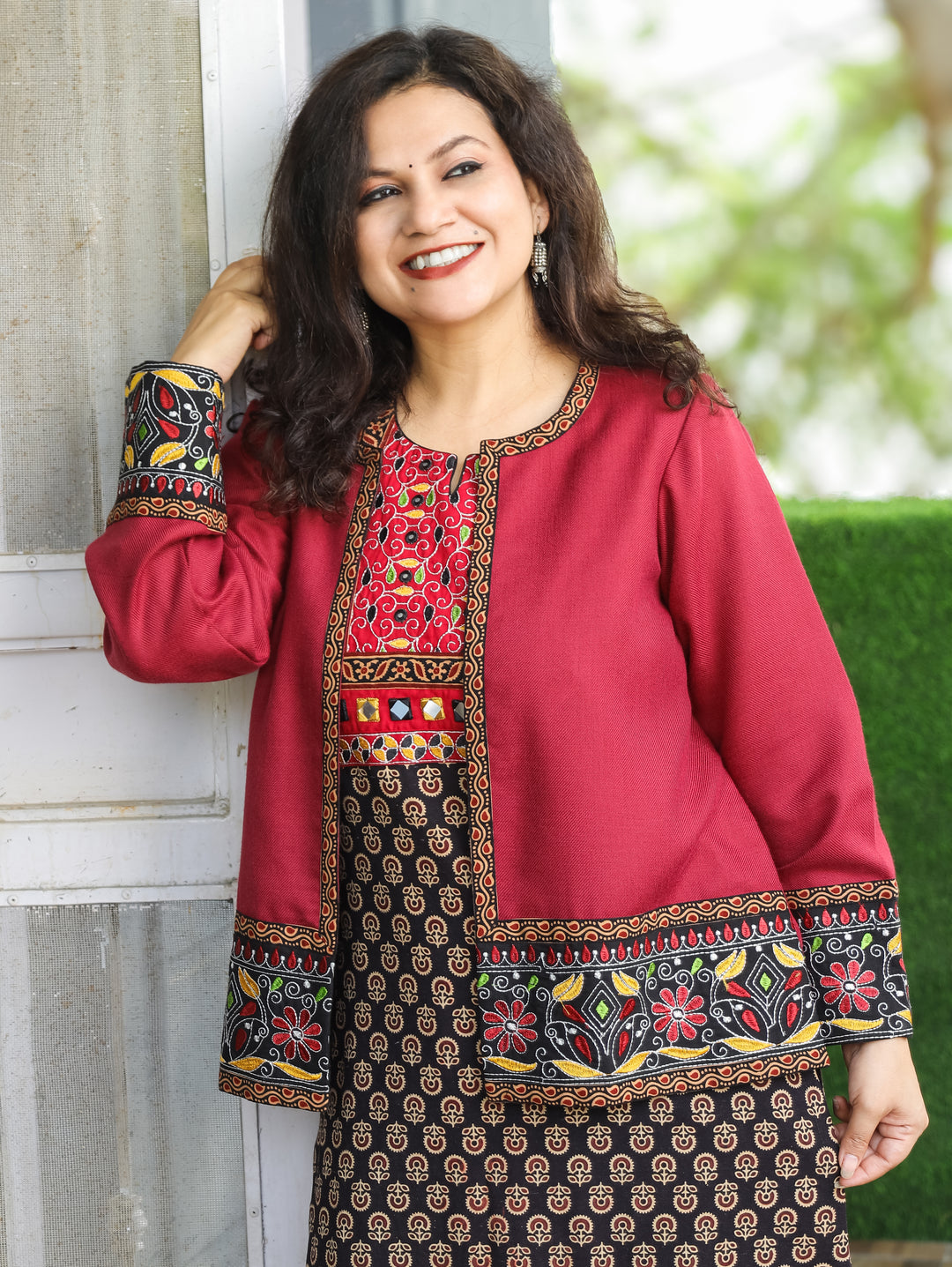 Sejal Maroon Round Neck with Embroidered Hem and Sleeve Semi Pashmina Jacket