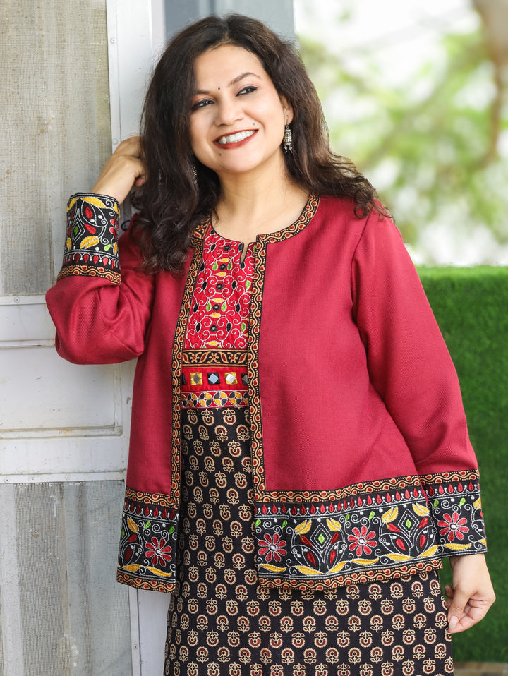 Sejal Maroon Round Neck with Embroidered Hem and Sleeve Semi Pashmina Jacket