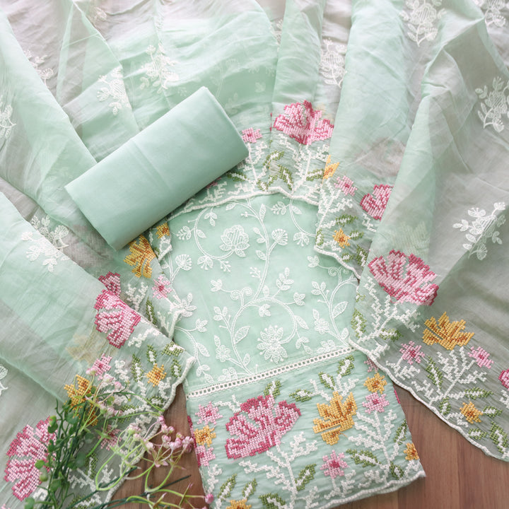 Jiya Mint Green All Over Embroidered Work Cotton Set