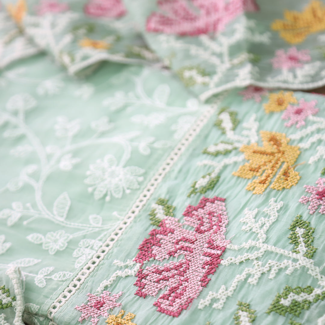 Jiya Mint Green All Over Embroidered Work Cotton Set