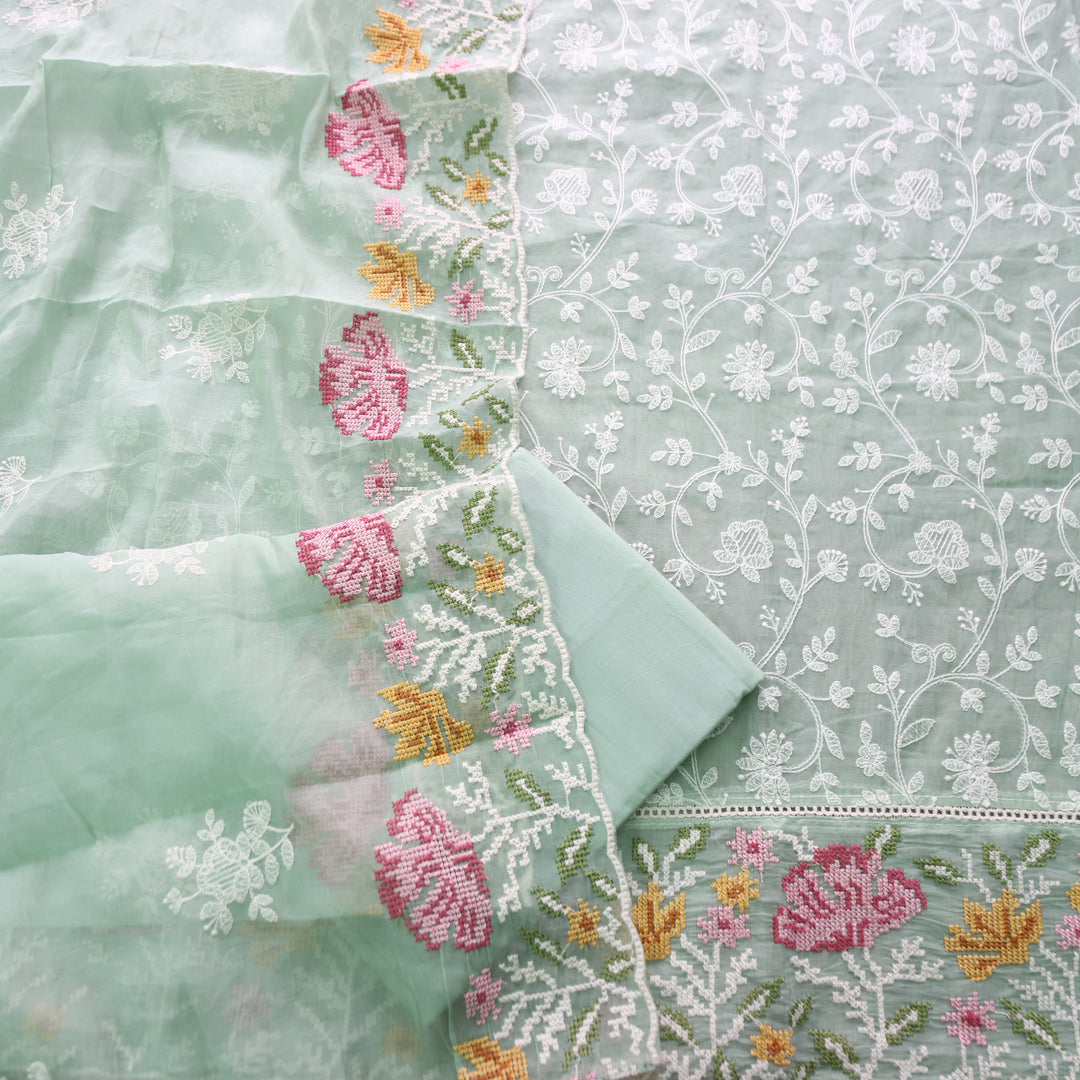 Jiya Mint Green All Over Embroidered Work Cotton Set