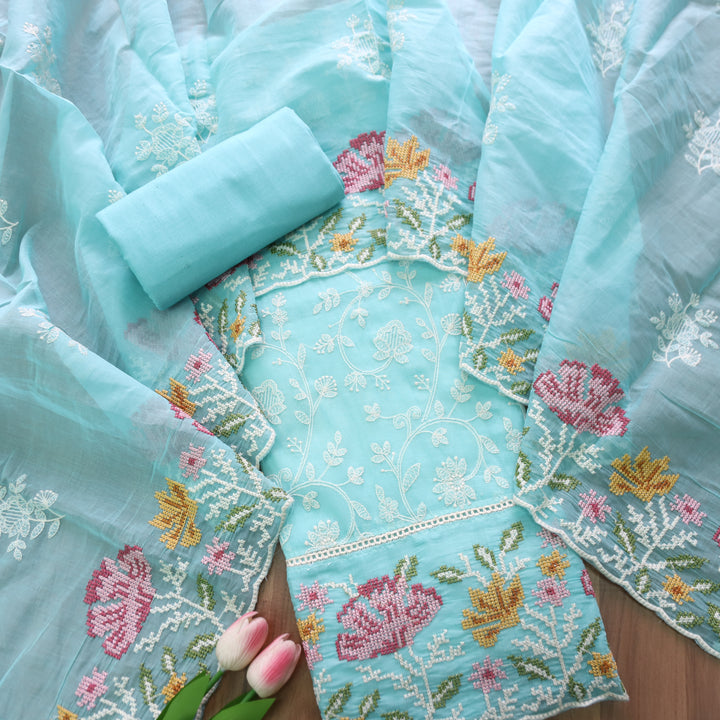 Jiya Ocean Aqua All Over Embroidered Work Cotton Set