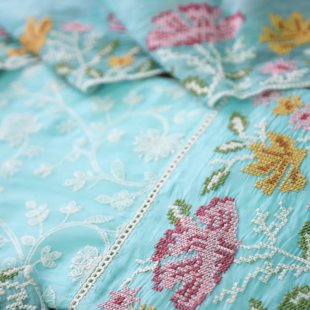 Jiya Ocean Aqua All Over Embroidered Work Cotton Set