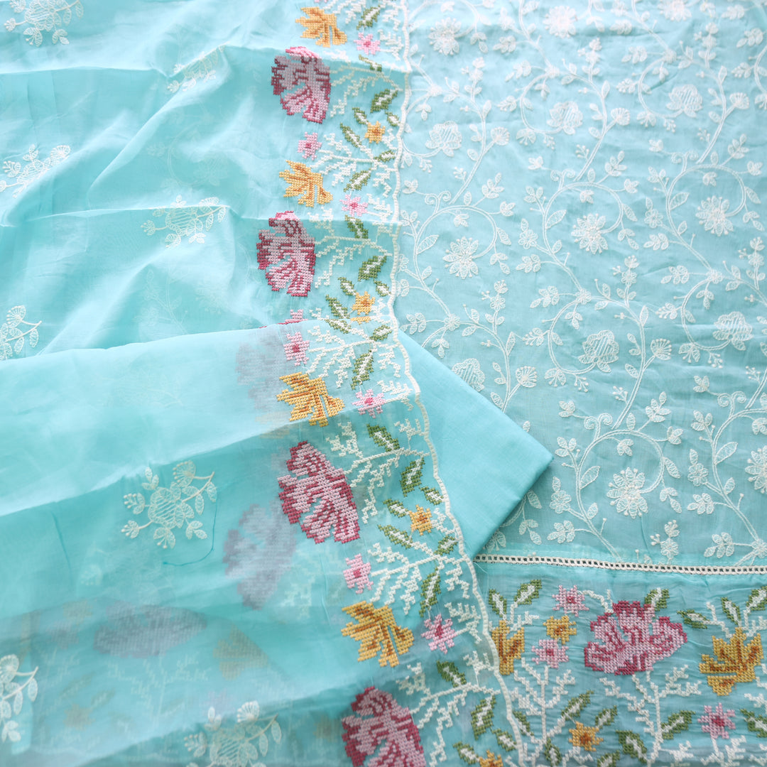 Jiya Ocean Aqua All Over Embroidered Work Cotton Set
